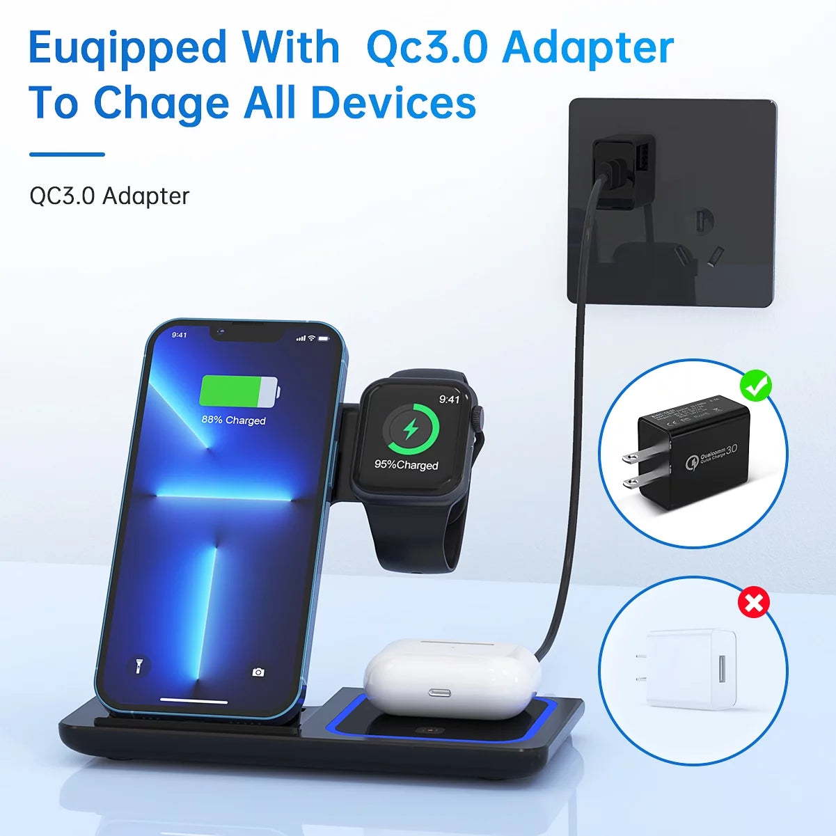 3 in 1 Wireless Charger, 18W Fast Charging Station for Iphone 15/14/13/12 /11/Pro Max/12 Pro /Xr,Wireless Charging Stand for Iwatch Series SE 9/8/7/6/5/4/3, Airpods Pro/3/2 (With QC3.0 Adapter)